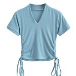 Women's Sexy Top Summer Short Sleeve Deep V-neck Solid Knitted Crop Top Bottoming Short T-shirt Crop Tops Blue-M