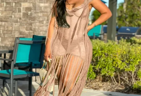 Apricot Sexy Handhook Hollow Fringed Beach Dress