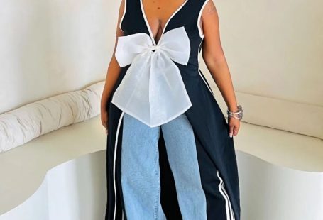 Black Sexy V-neck Big Bow High Slit Dress