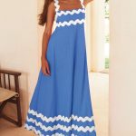Flowers Print Wavy Pattern Suspender Long Dress For Women Fashion A-Line Beach Dresses Womens Clothing - M, Blue White