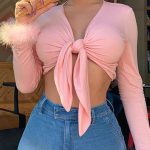 Fuzzy Cuff Tie-front Crop Top - Purple / S