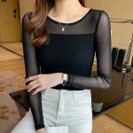 Kuakuamall Spring Autumn Woman All-match T-Shirt V-neck Bodycon Sexy Lace Gauze Long Sleeve Office Lady Elegant Fashion Casual Pullover Top 7727 black