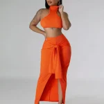 Orange Stand Collar Solid Color Waist Sleeveless Sexy Two Piece Set