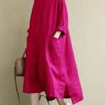 Red-flowers Linen Shirt Dress Casual Oversize Spring Maxi Dresses - L(Fit for EU 42-44, US 10-12, UK/AU 14-16, IT 46-48 ) / Red