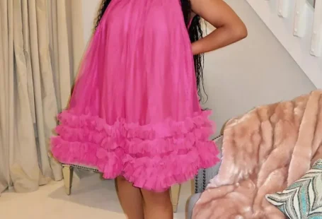 Rose Red New Style Spliced Round Neck Solid Color Gauze Dress