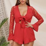 Sexy Cutout Lace Panel Sleeve Ruffled Romper - Red / US 12