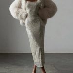 Shiny Sequins Spaghetti Strap Dress For Women Elegant Backless Off Shoulder Dresses 2024 Spring Female Night Party Club Vestidos Beige-L