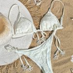 Summer Beach Solid Color Triangle Cup Bikini Set With Straps And Faux Pearl Decorations