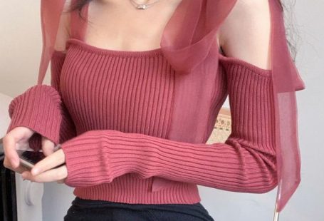 Woherb 2021 New Autumn Sexy Off Shoulder Women Sweaters Vintage Mesh Lacing Bow Slim Sueter Mujer Korean Cropped Sweater red-XL
