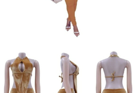 women's Sexy Velvet Lace Up  Halter Sleeveless Backless Two Piece set mustard