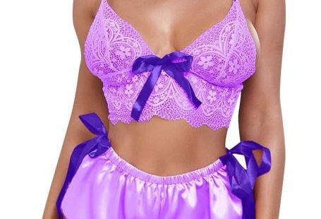 $4 Women's lingerie set lace cami top with satin lace up shorts 2 piece sleepwear suit sexy pajam...