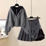 Autumn New Plush and Thick Patchwork Hoodie Jacket Pleated Mini Skirt Two-piece Elegant Women's Skirt Set Outfits 2pcs set 07 / XL 57-65KG