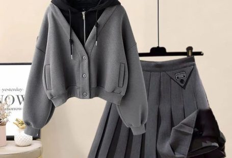 Autumn New Plush and Thick Patchwork Hoodie Jacket Pleated Mini Skirt Two-piece Elegant Women's Skirt Set Outfits 2pcs set 07 / XL 57-65KG