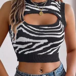 Black Hollow Zebra Print Midriff-Baring Knit Top