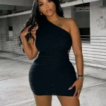 Black Sexy Slant Shoulder Hip Wrap Dress