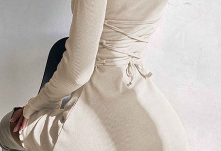 Crew Neck Back Strap Long Sleeve Mini Dress - Apricot L