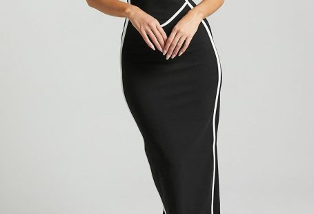 Sexy Striped Contrast V Neck One Step Skirt Dresses - Black / L