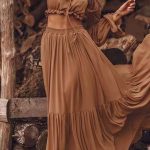 Sexy Vacation Solid Frenulum Off the Shoulder Long Sleeve Two Pieces(4 Colors) - Dark Brown / L