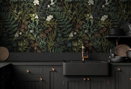 Dark Botanical Wallpaper, Peel and Stick Wallpaper, Floral Vintage Decor, Dark Green Herb Mural, Removable Wallpaper